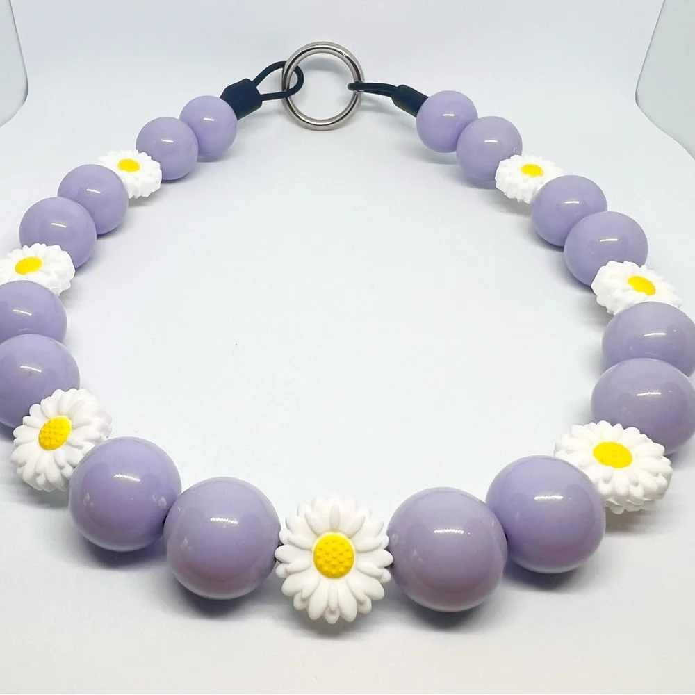 Lavender Purple & Daisy Beaded Dog Collar Necklace Size Medium/ Large